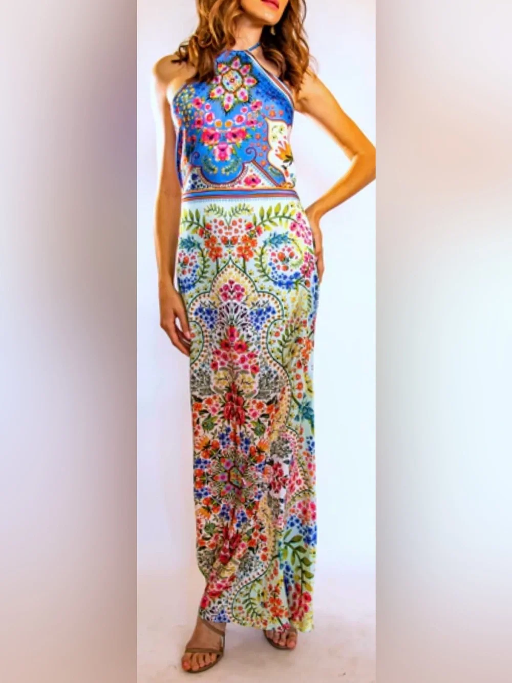 TRISHA PATERSON COLLECTION Joie De Vie Halter Maxi Dress Bloom NWT Large - Picture 3 of 16